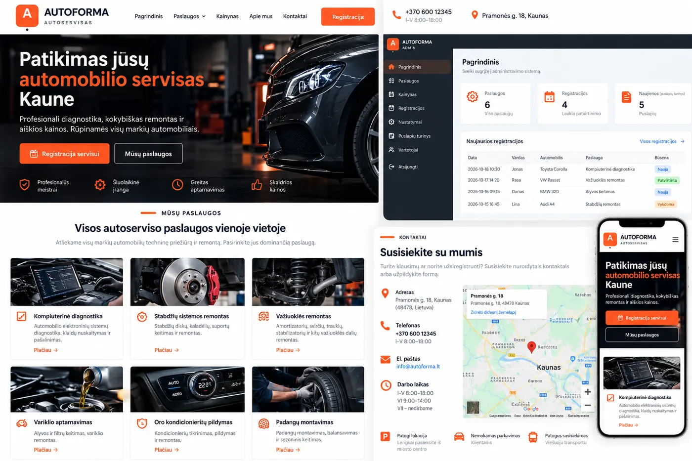 Autoservisas svetainės, administravimo ir mobilios versijos dizaino maketas