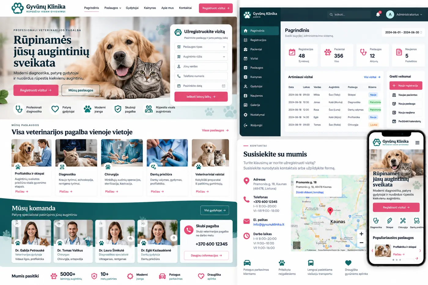 Veterinarijos klinika svetainės, administravimo ir mobilios versijos dizaino maketas